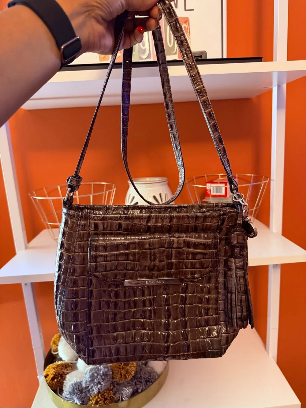 BRAHMIN Brown Croc-Embossed Leather Crossbody with Tassel Charm